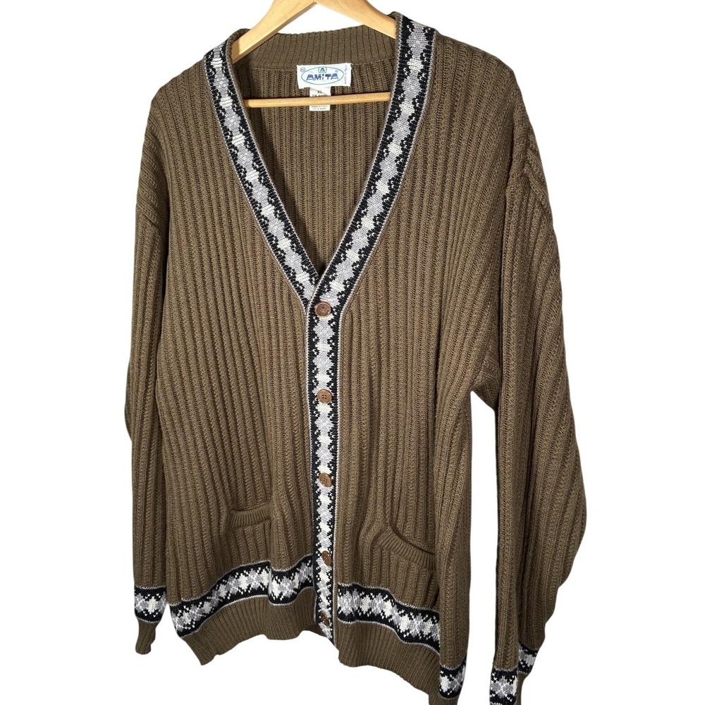 Vintage AMITA‎ Italy Ribbed Knit Cardigan XL Brown Wool Blend Button Sweater